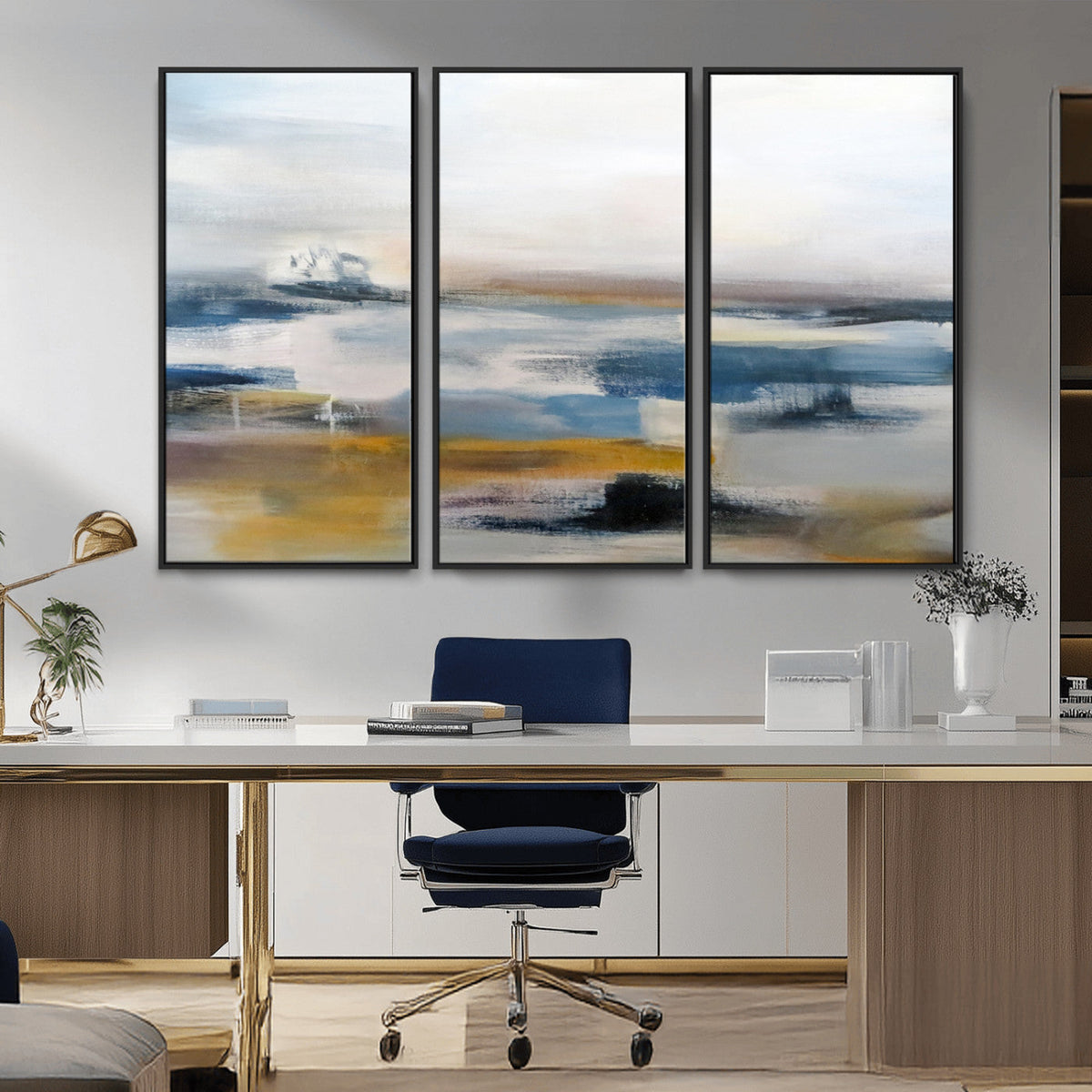 Abstract Landscape Wall Art Canvas | 3 Panel Modern Blue,