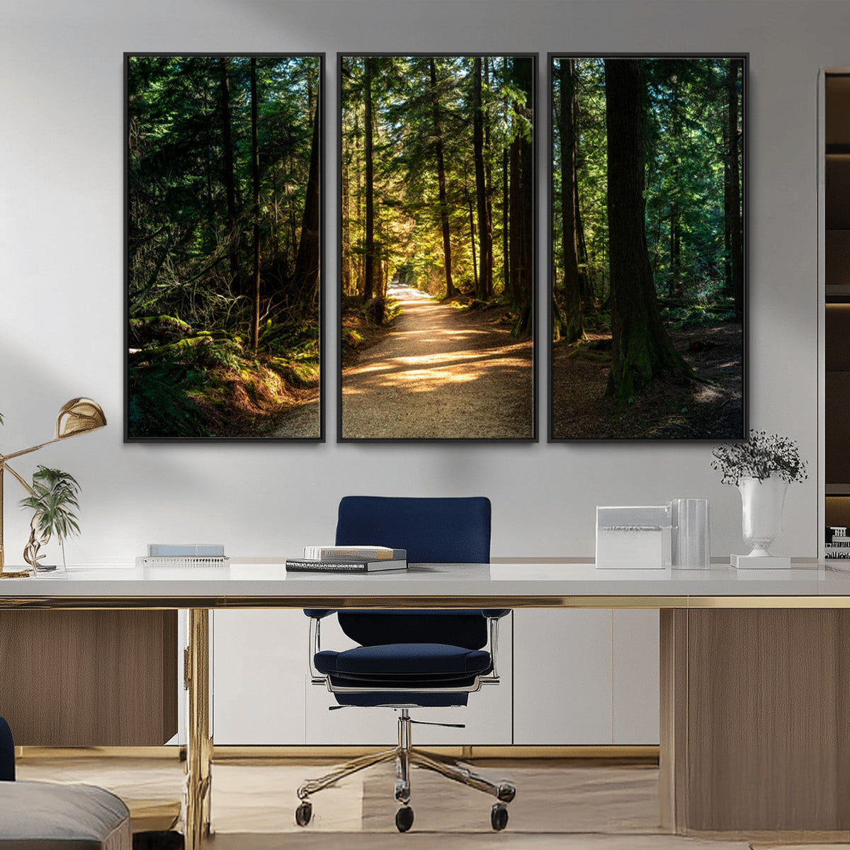 Sunlit Forest Pathway Canvas Print | 3 Panel Large Nature