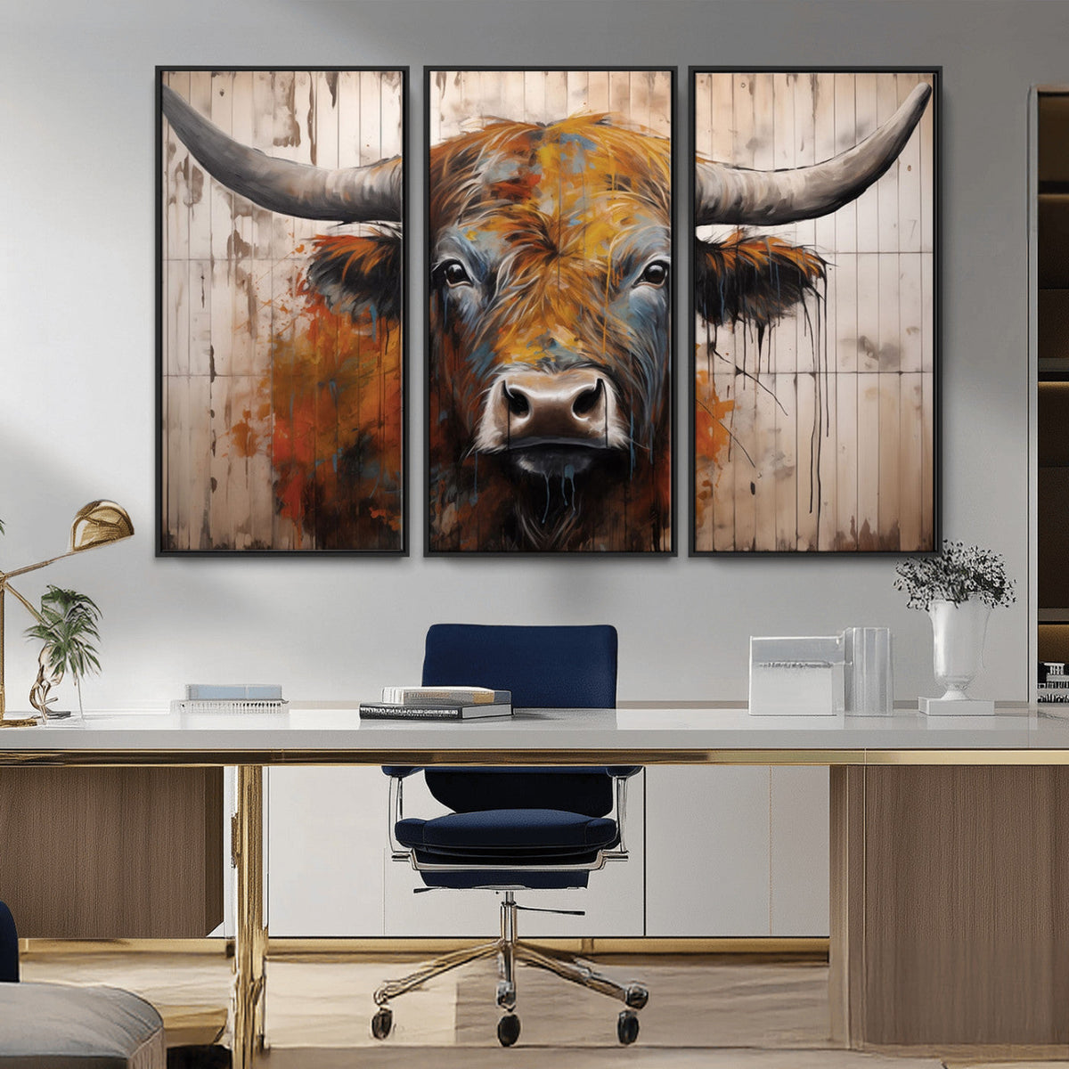 Scottish Highland Cow Cattle Art Print on Wood Style