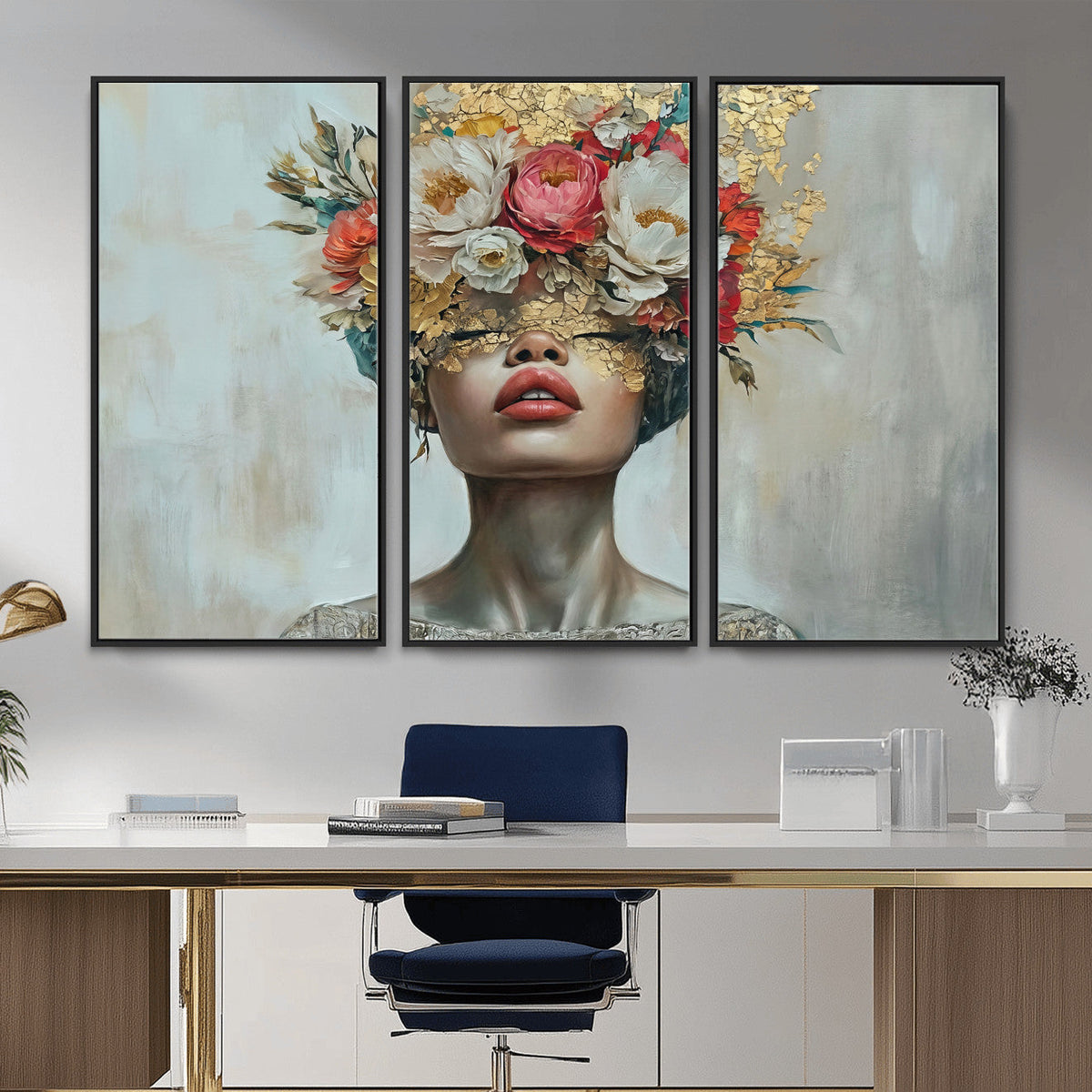 Golden Petal Wall Art Canvas Print - Silhouette Woman Wall