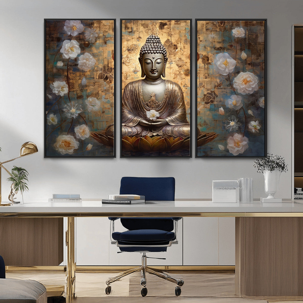 Golden Buddha Wall Art Canvas Print | Zen Meditation Floral
