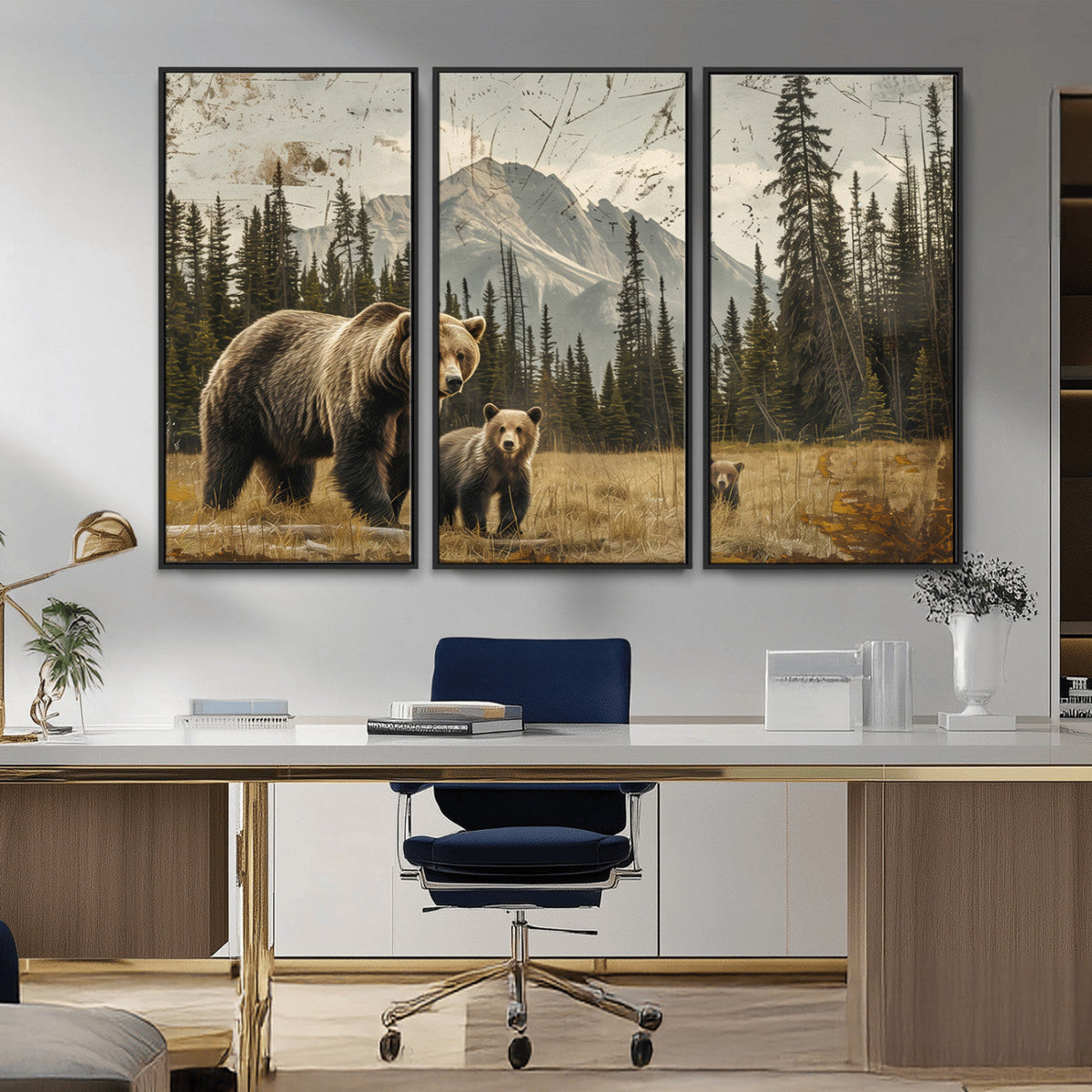 Rustic Grizzly 399 Bear Family Wall Art Canvas Print