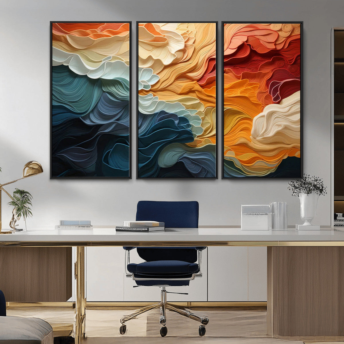 Blue Orange Abstract Wave Wall Art Canvas Print, Framed Blue