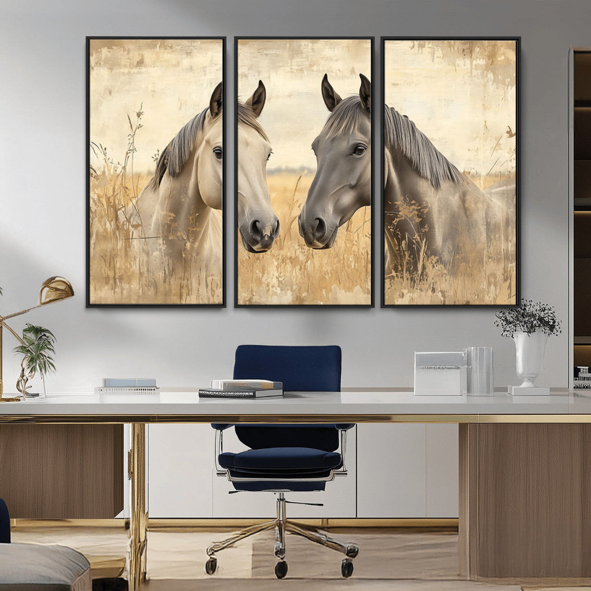 Chines Ink Style Grunge Horses Wall Art Canvas Print