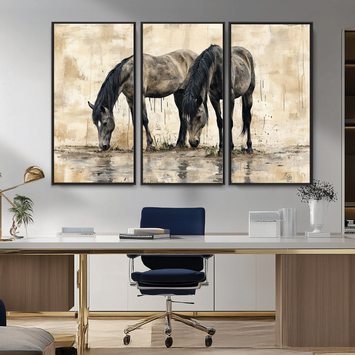 Chinese Style Abstract Black Horses Wall Art Canvas Print -