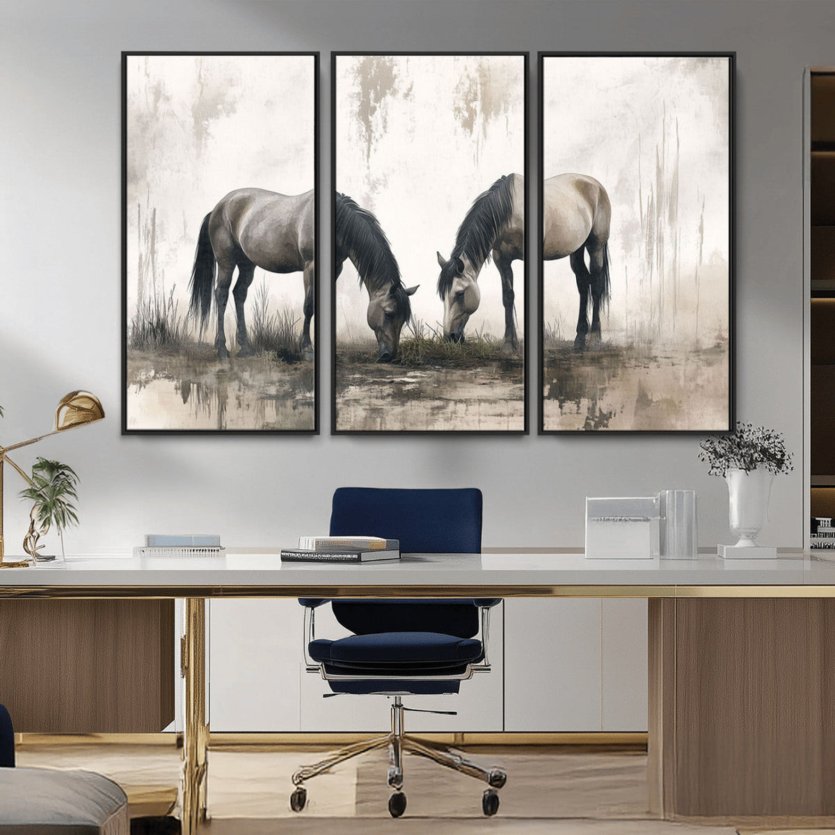 Chines Ink Style Vintage Horses Wall Art Canvas Print for
