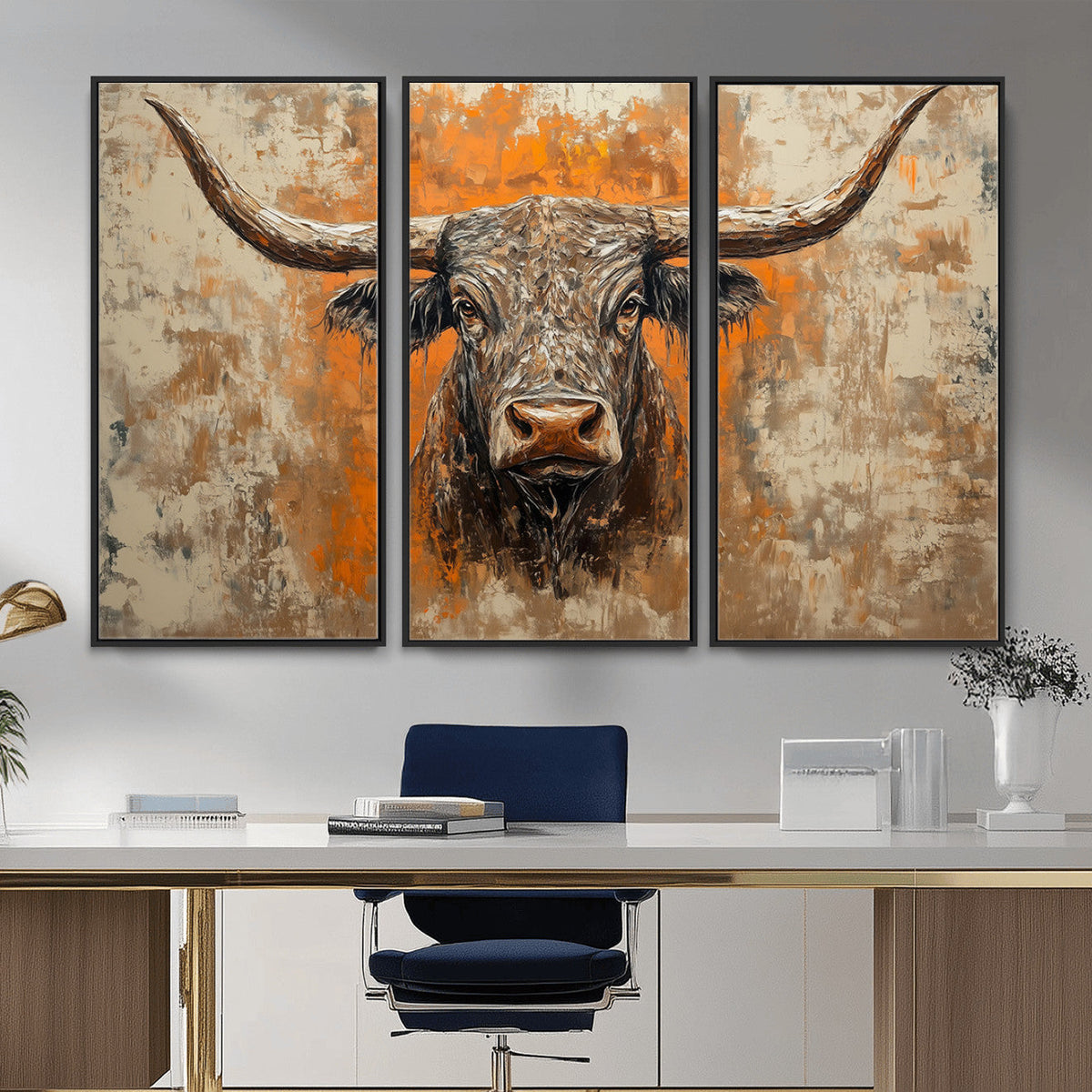 Abstract Cow Longhorn Bull Wall Art Canvas Print - Rustic