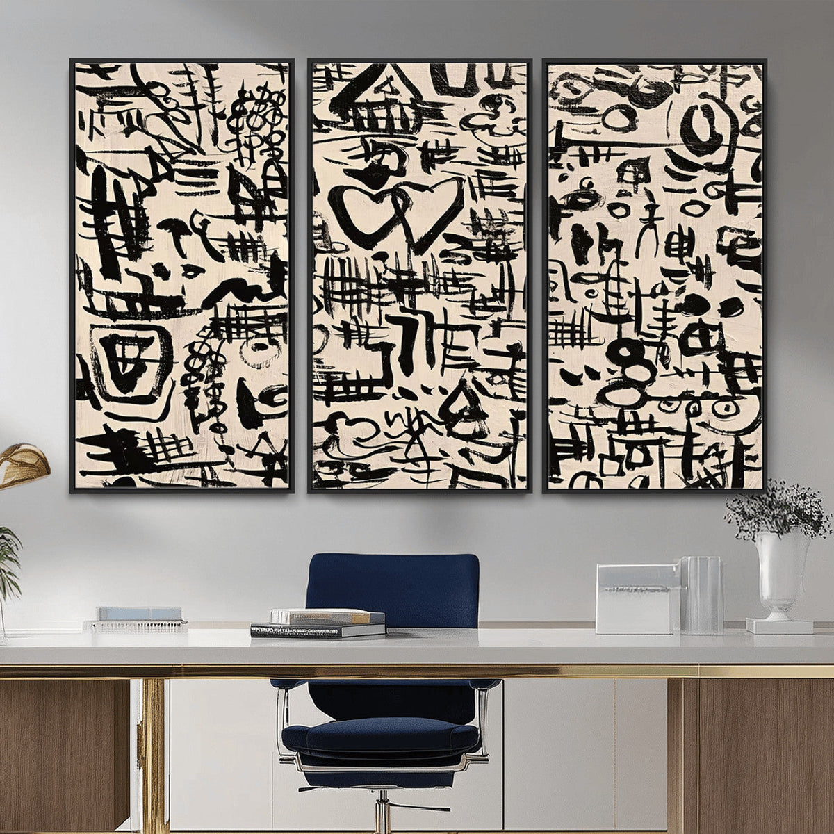Abstract Love and Chaos Canvas Print, Black Symbols on Beige
