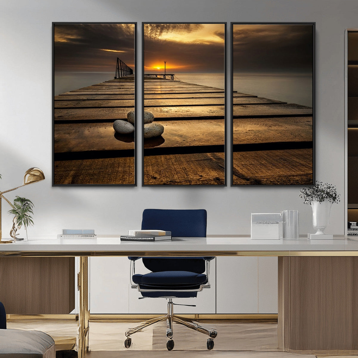 Stones on Wooden Pier at Sunset Canvas Print, Serene Coastal