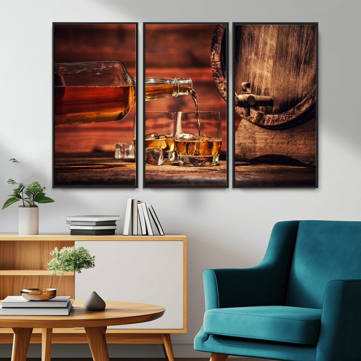 Whiskey and Cigar Canvas Wall Art | 3 Panel Bar Room Decor