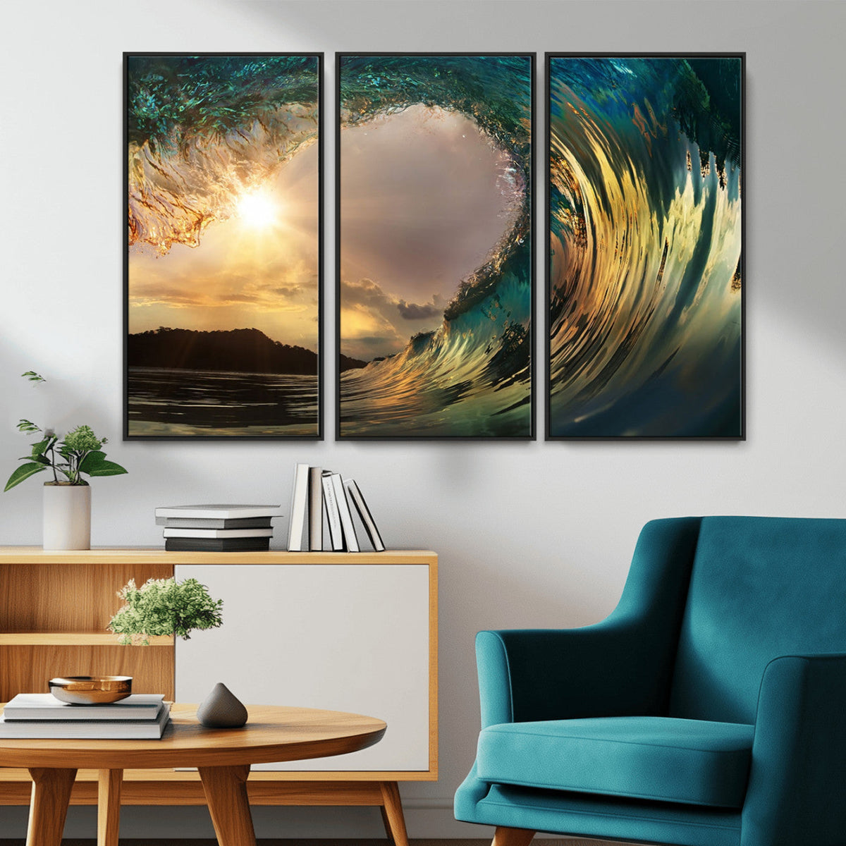 Golden Wave Sunset Canvas Print – Large Coastal Wall Art for