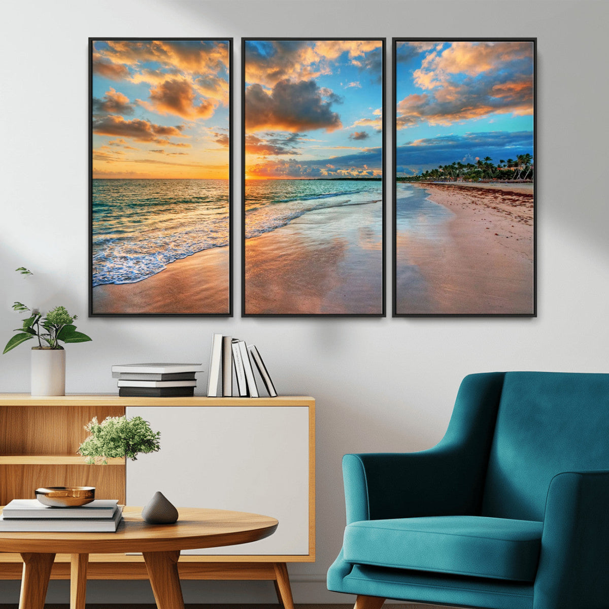 Sunset Ocean Waves on Tropical Beach, 3-Panel Giclee Canvas