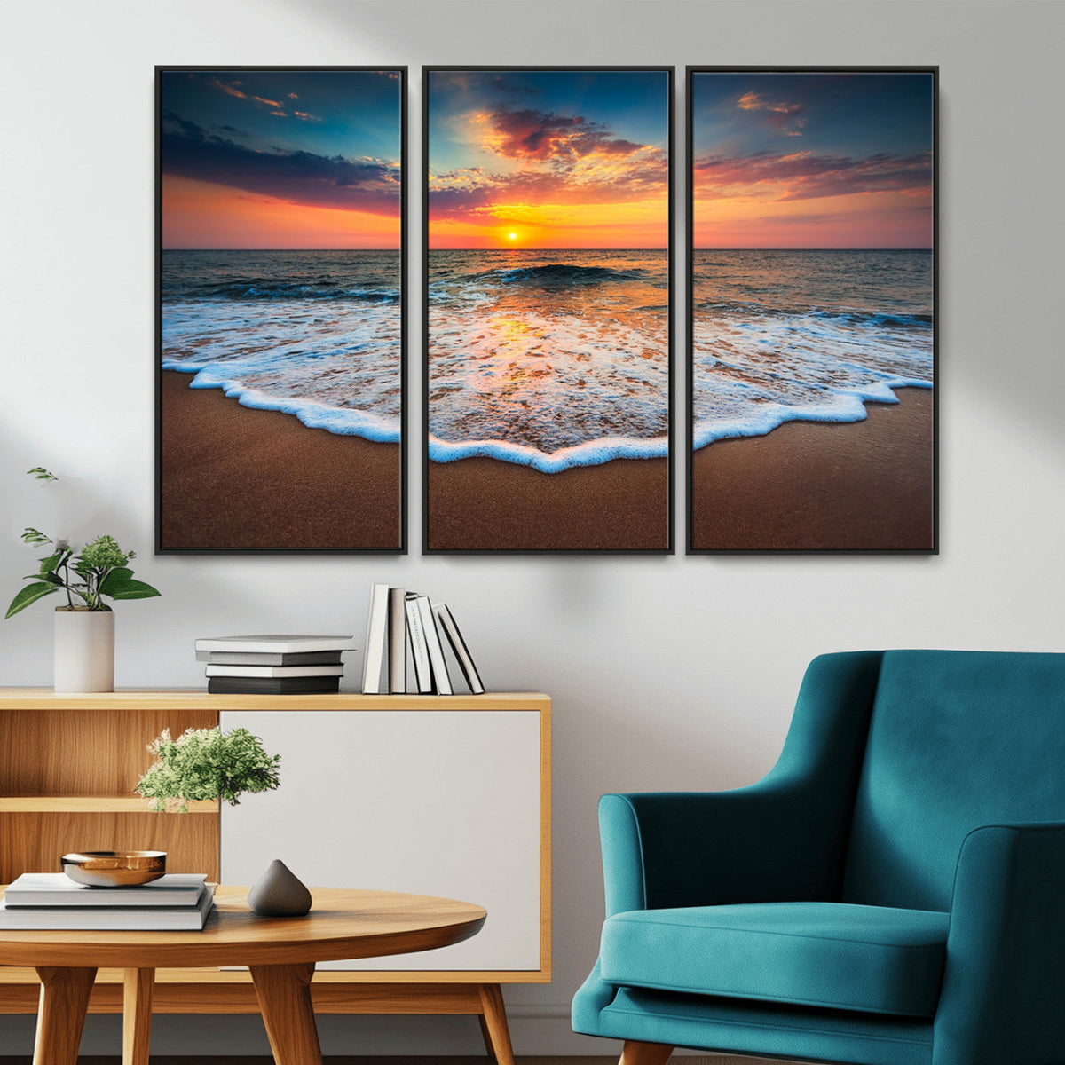 Sunset Beach Canvas Wall Art – Colorful Ocean Waves Triptych