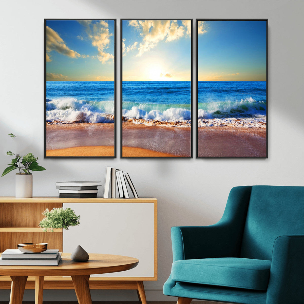 Tropical Beach Sunset Canvas Art, Ocean Waves and Sandy