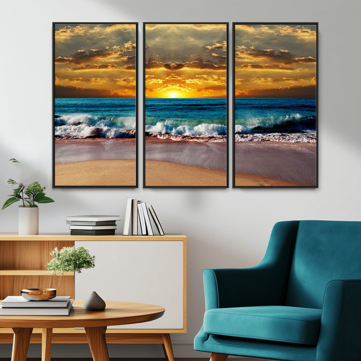 Ocean Sunrise Over Golden Beach Waves, Giclee Canvas Wall