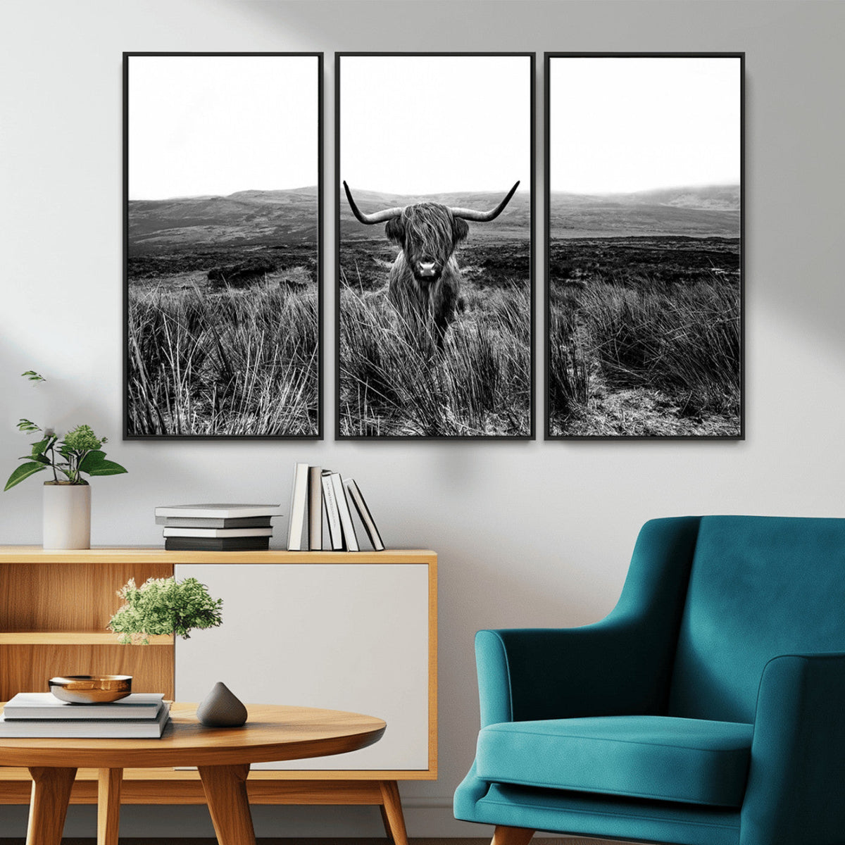 Black and White Highland Cow Canvas Wall Art, Longhorn