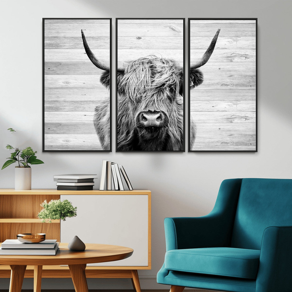Scottish Highland Cow Cattle Art Print on Wood Background