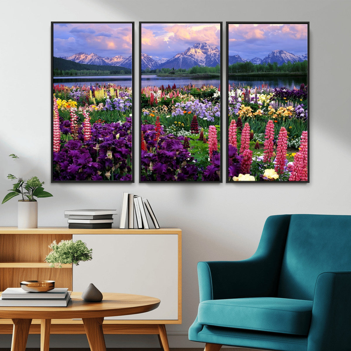 Vibrant Wildflower Garden and Mountain View Giclee Canvas