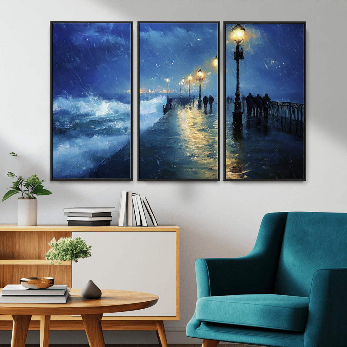 Storm Ocean Pier Canvas Wall Art Print - Large Moody Night