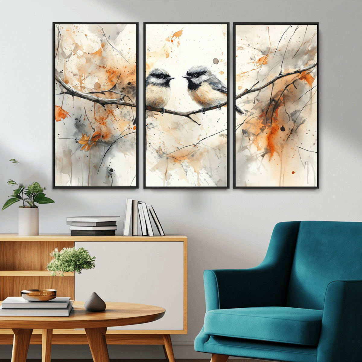 Abstract Watercolor Chickadee Bird Canvas Wall Art Print -