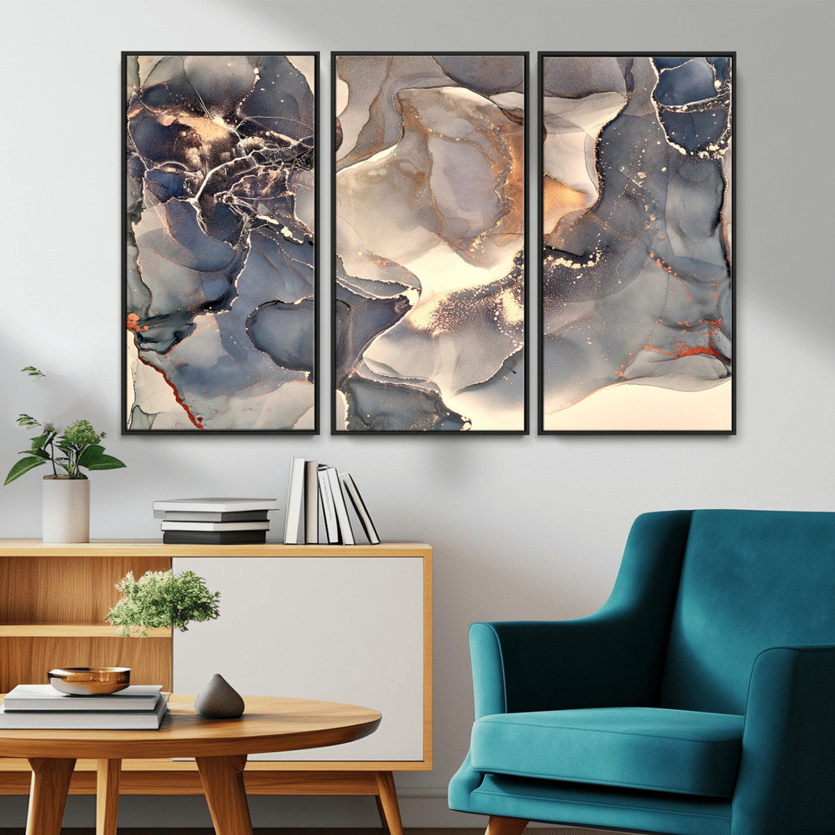 Abstract Blue and Gold Wall Art - Fluid Ink Artwork - Modern