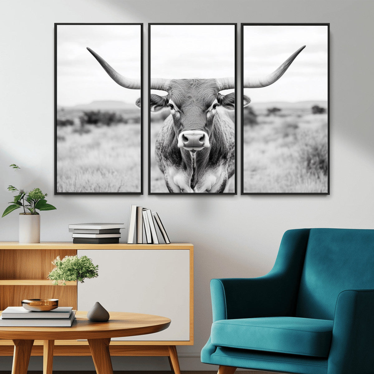 Highland Cow Wall Art Canvas Print – Black and White Western