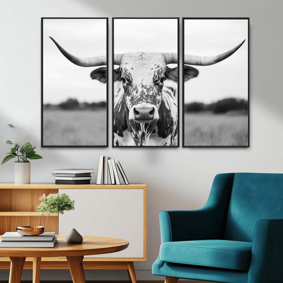 Highland Cow Wall Art Canvas Print – Black and White Western