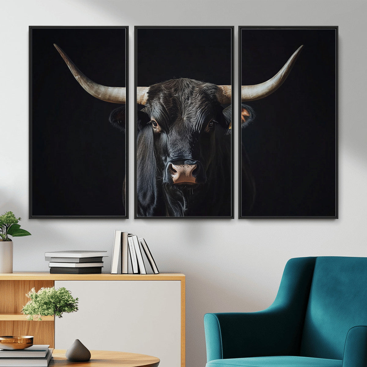 Majestic Longhorn Bull Wall Art Canvas Print – Dark