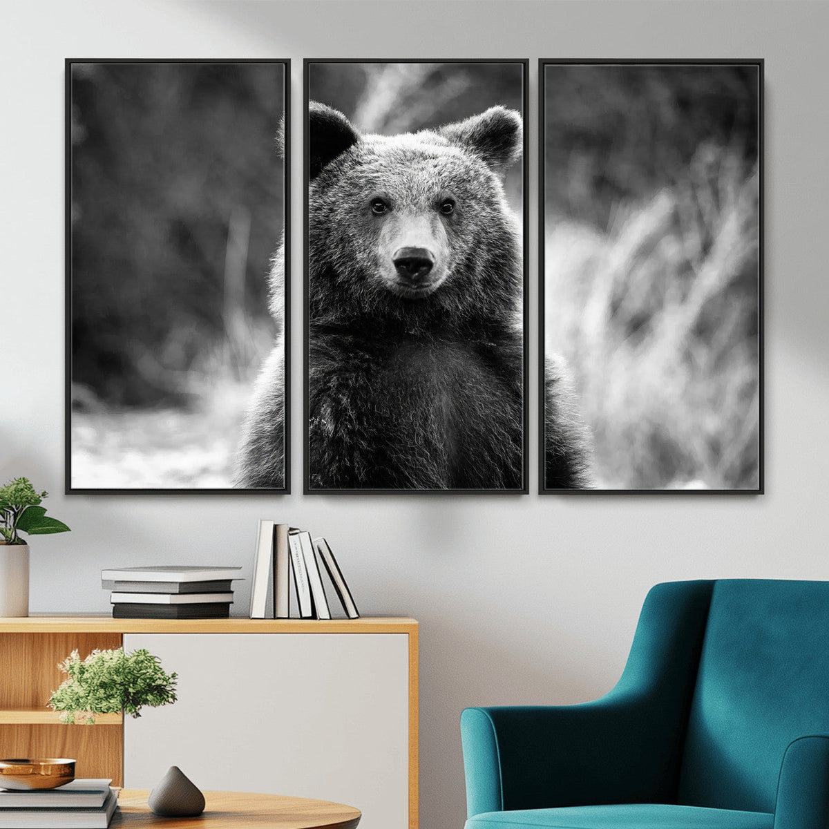 Grizzly Bear Wall Art Canvas Print – Framed Black White
