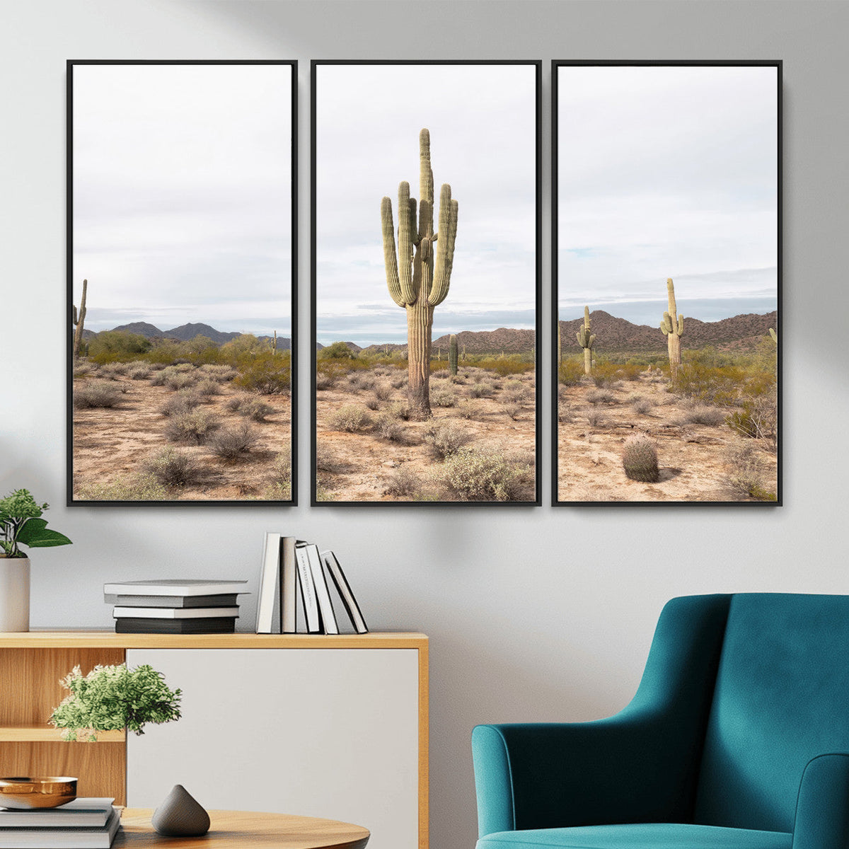 Saguaro Cactus Wall Art – Framed Desert Canvas Artwork,