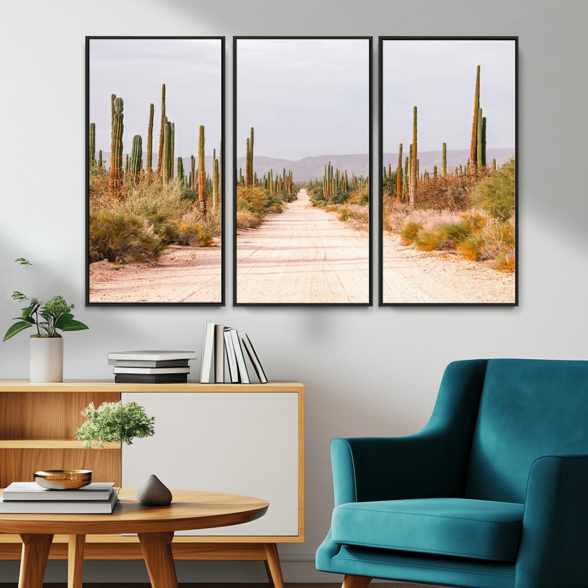 Desert Cactus Lined Road Wall Art Canvas Print – Framed