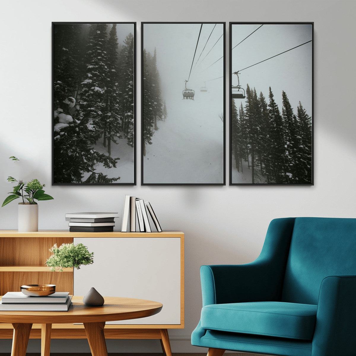 Ski Lift Wall Art Canvas Print – Snowy Pines Misty Landscape