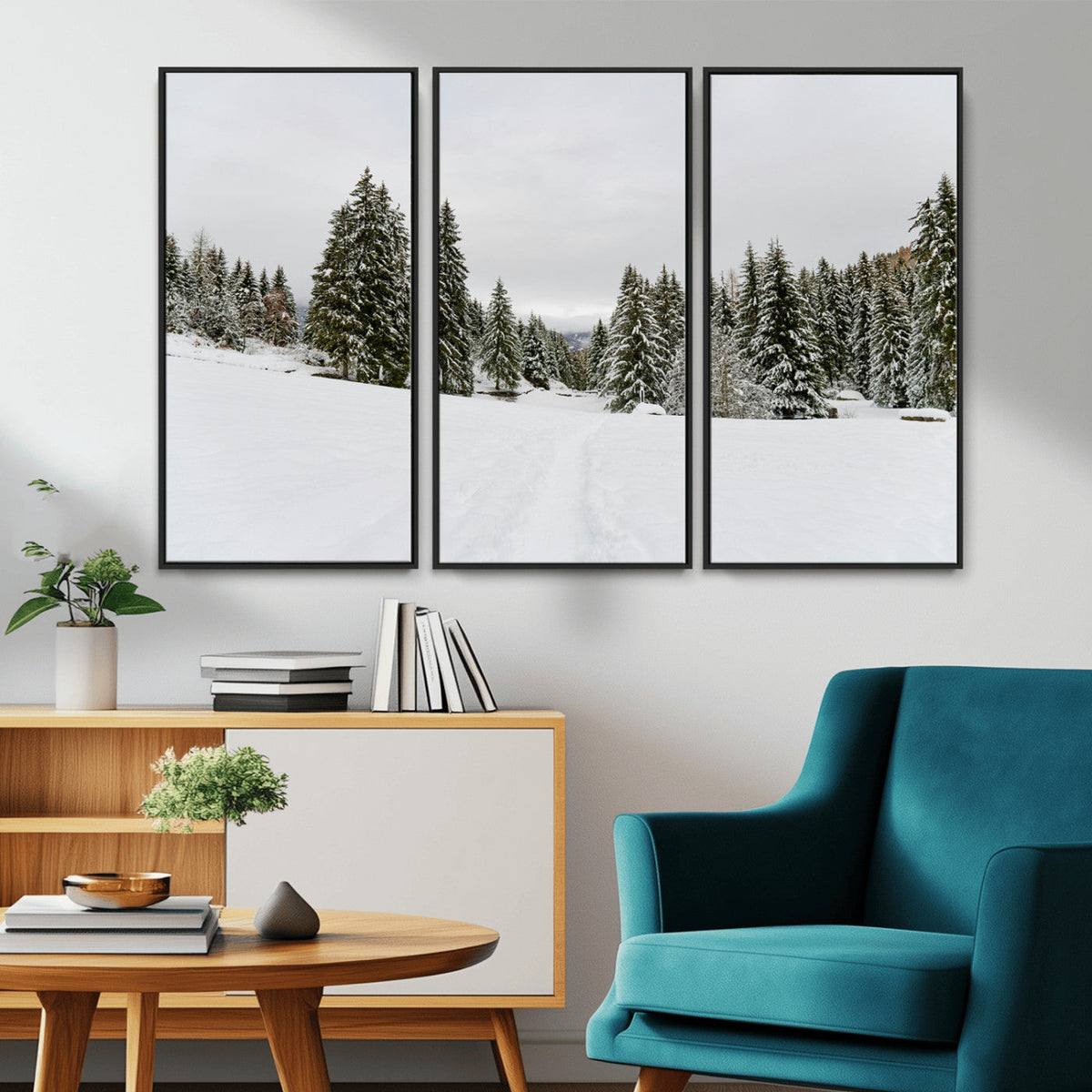 Frosty Pines Wall Art Canvas Print – Framed Silent Snowfall