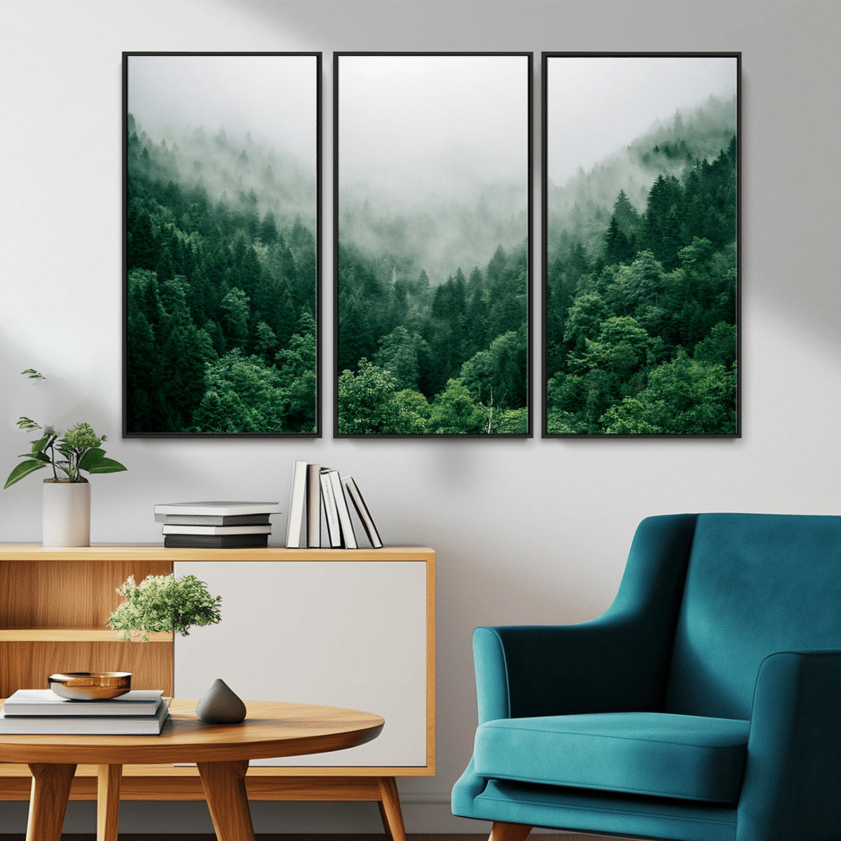 Misty Green Forest Canvas Print – Framed Serene Foggy Pine