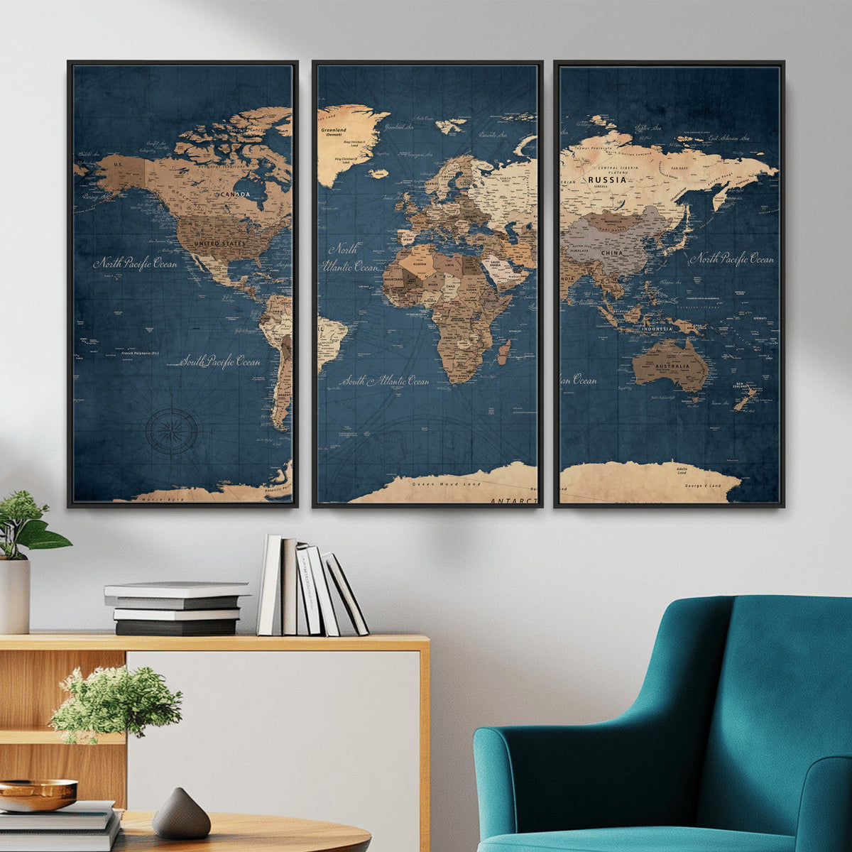 Navy Blue World Map Canvas Print – Framed Travel Map Wall