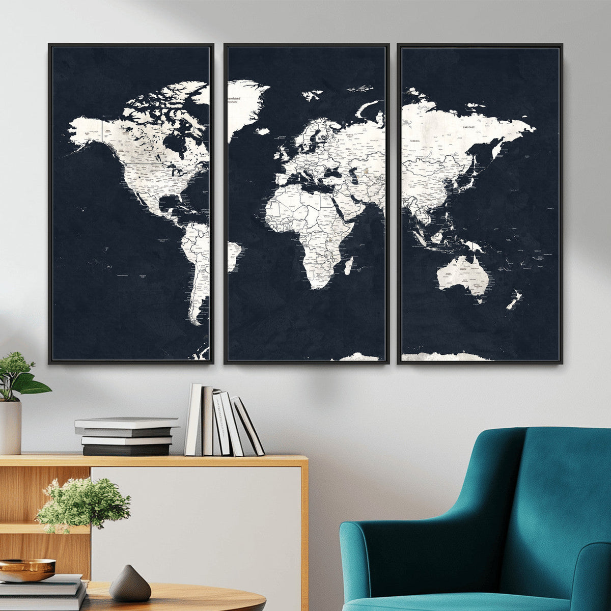 Black World Map Wall Art Canvas Print for Home Office and