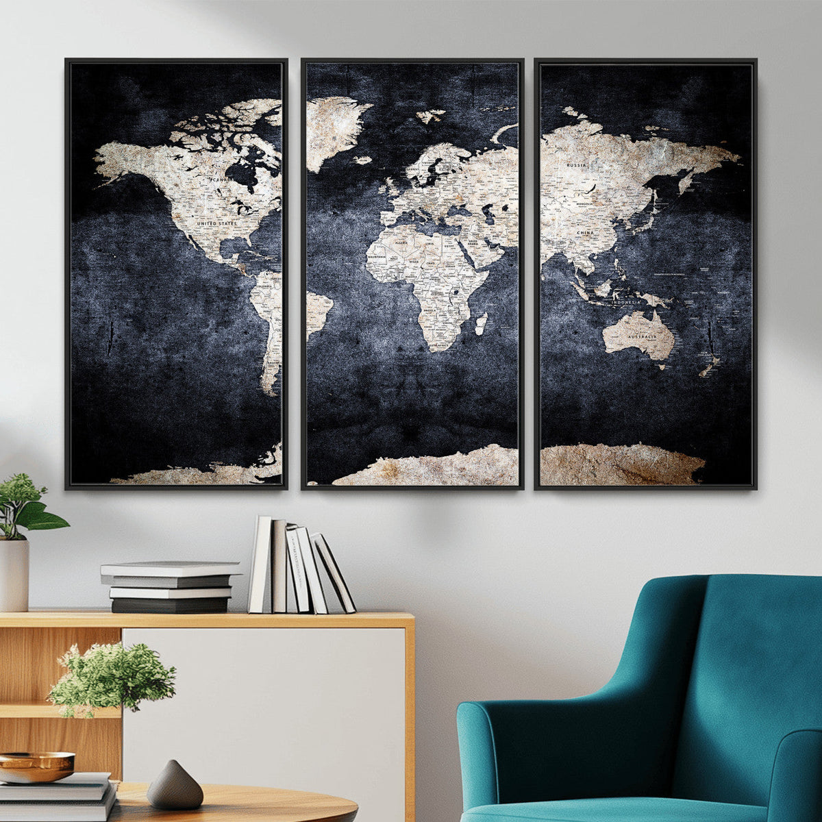 Vintage World Map Canvas Wall Art – Antique Triptych Map