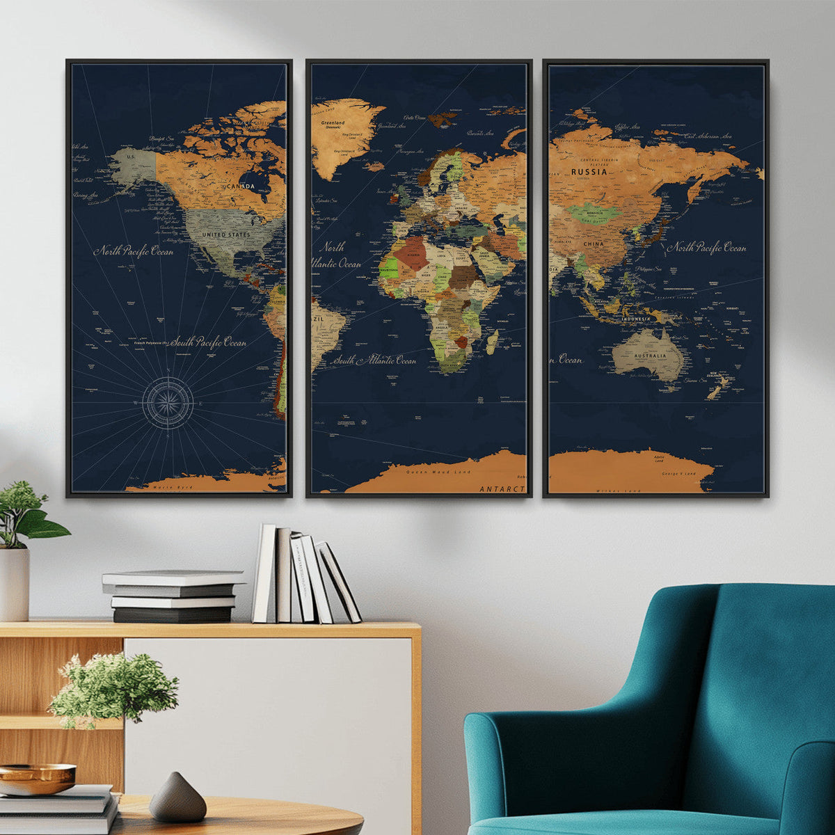 Modern World Map Canvas Print – Framed Detailed Map of the