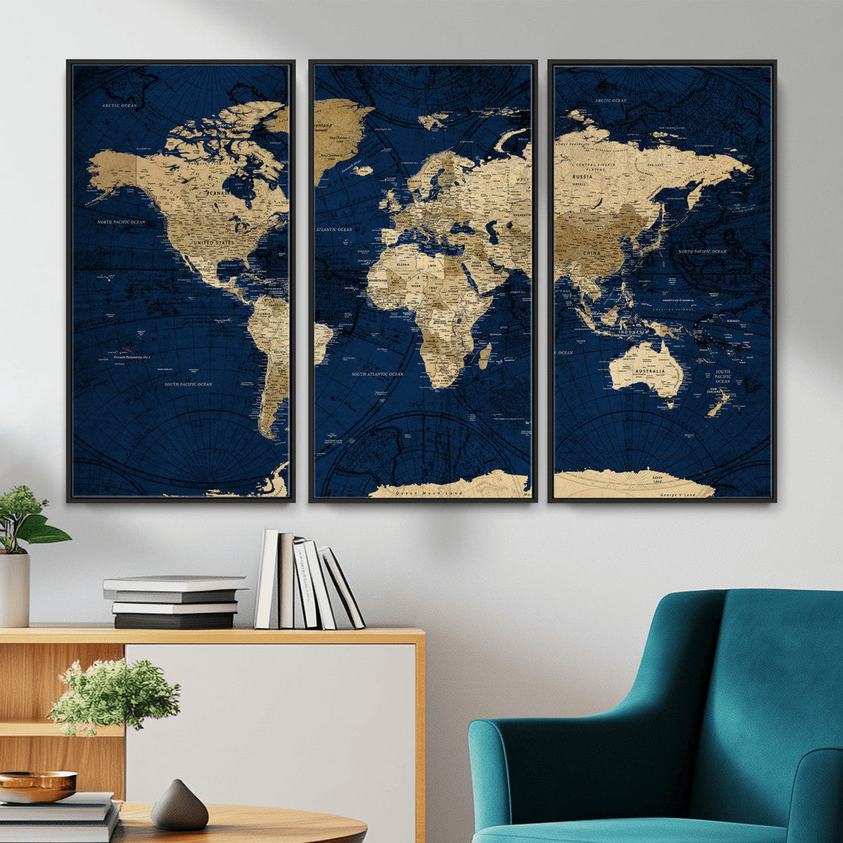 Navy Blue World Map Canvas Print – Detailed Map Minimal Navy