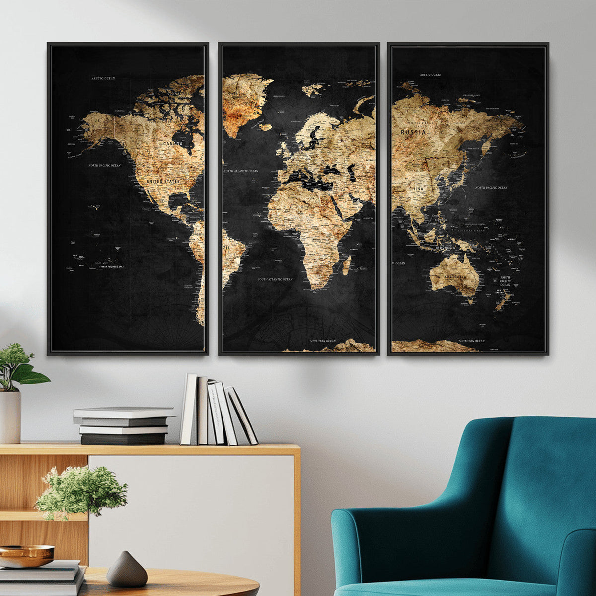 World Map Canvas Wall Art with Famous Landmarks – Framed