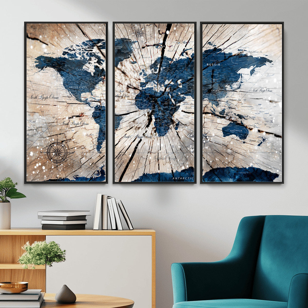 Rustic World Map Canvas Print – Framed Wall Art for Couples,