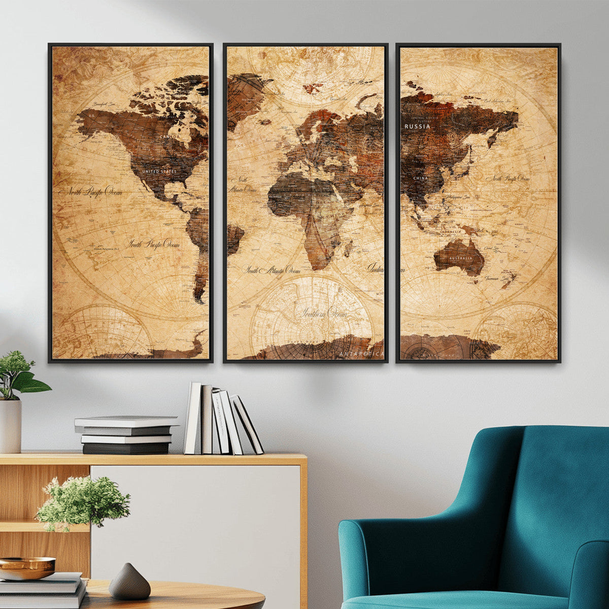 Modern Red and Gray World Map Canvas Print – Framed Wall Art