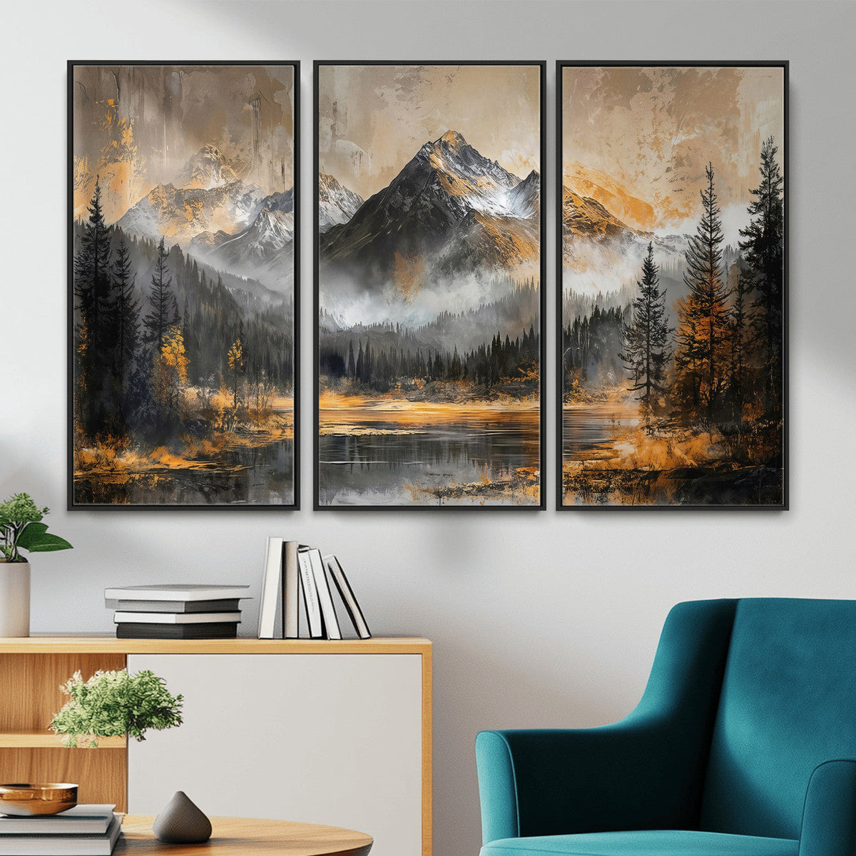 Mountain Lake Canvas Wall Art — Rustic Forest Landscape