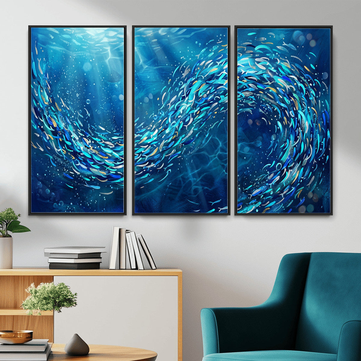 School of Fish Canvas Print | Blue Ocean Underwater Wall Art