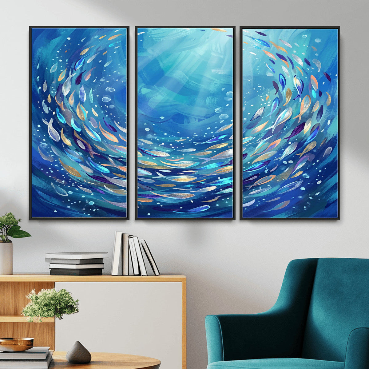 School of Fish Canvas Print | Blue Ocean Underwater Wall Art