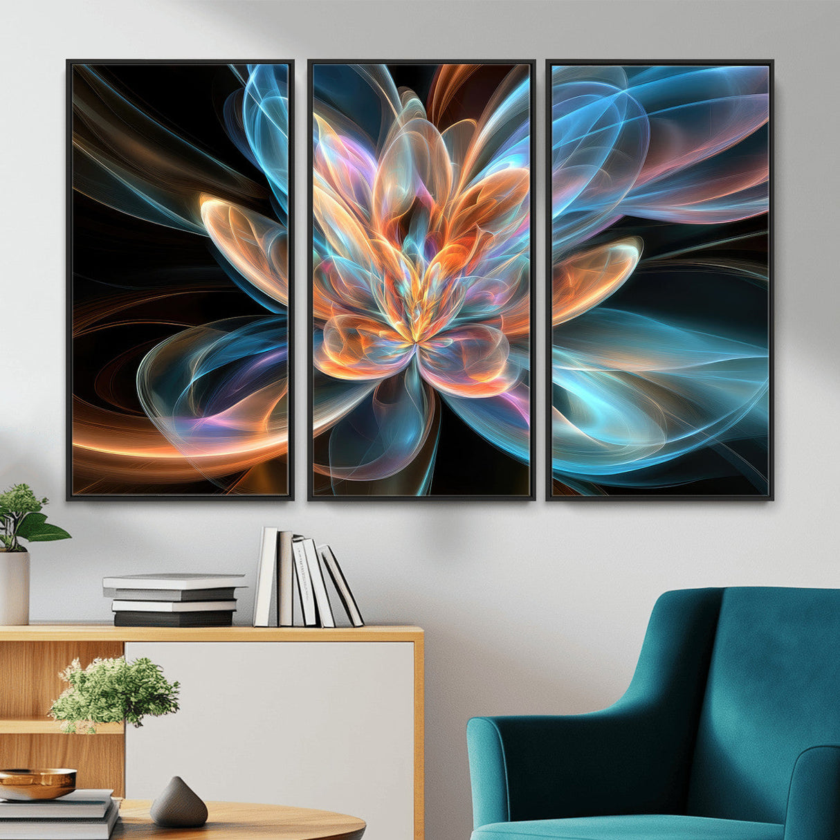 Fractal Lotus Canvas Wall Art, Blue Orange Glowing Flower Abstract Print, Modern Zen Meditation Room Decor, Ethereal Digital Art, Living Room