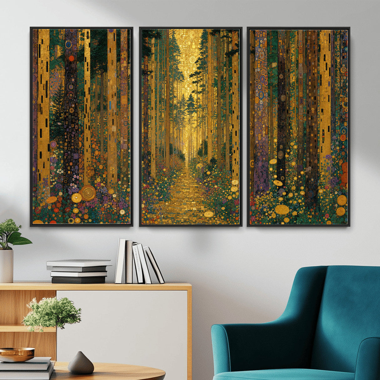 Gustav Klimt Style Forest Canvas Wall Art, Golden Forest Path Floral Art Nouveau Print, Enchanted Woodland Decor