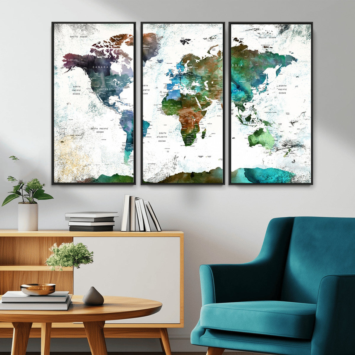 Modern Watercolor World Map Canvas Wall Art – Framed