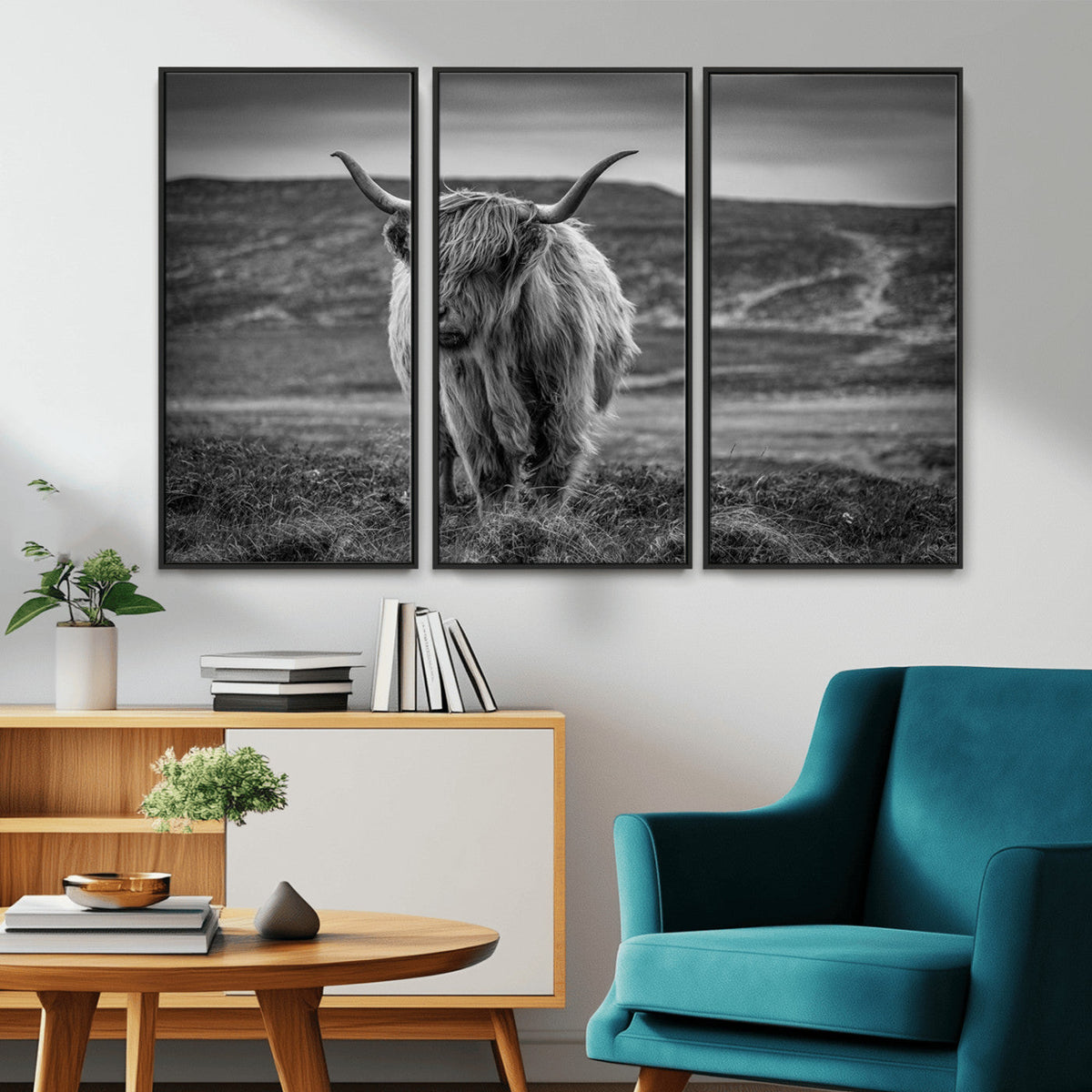 Fluffy Cattle Wall Art Print, Highland Cow Canvas, Framed