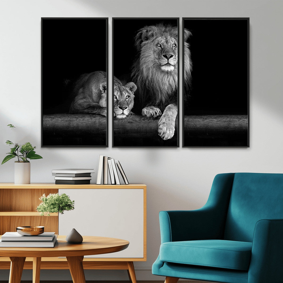 Large Black and White Lion Couple Wall Art Canvas Print –